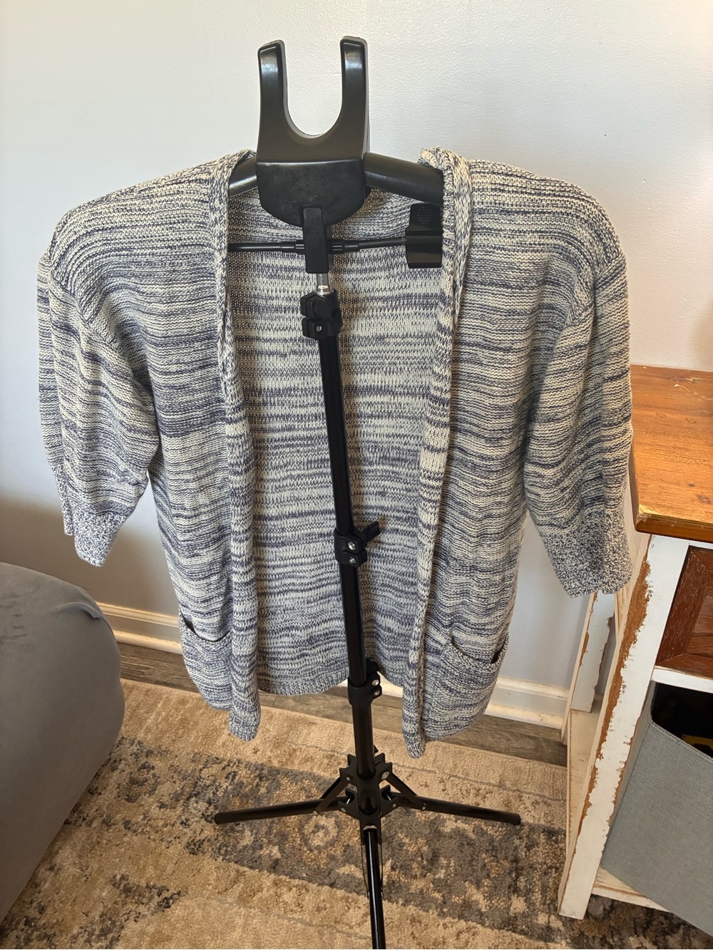 Lightweight Open-Front Cardigan Sweater in Gray and White
